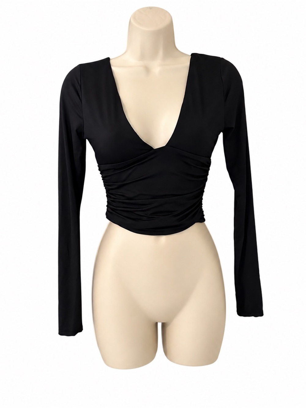 Windsor Black Ruched Crop Top Women’s Small Long Sleeve Deep V Neck Stretch NWT
